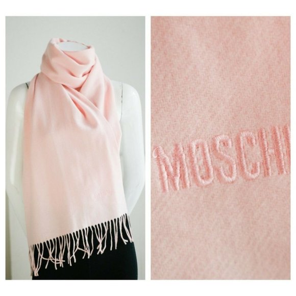 Moschino Baby Pink Merino Extra Fine Wool Embroidered Scarf with Fringe